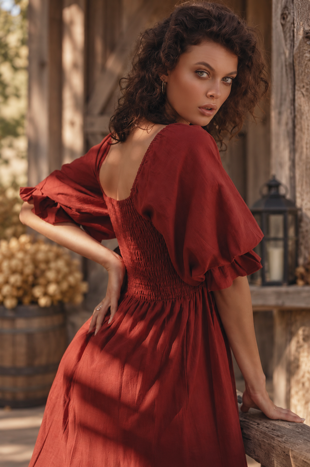 The Almeria Smocked Linen Midi Dress