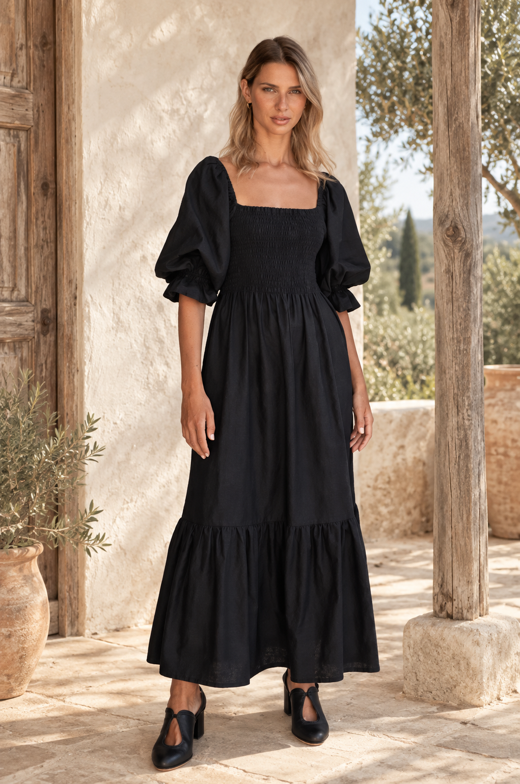 The Almeria Smocked Linen Midi Dress