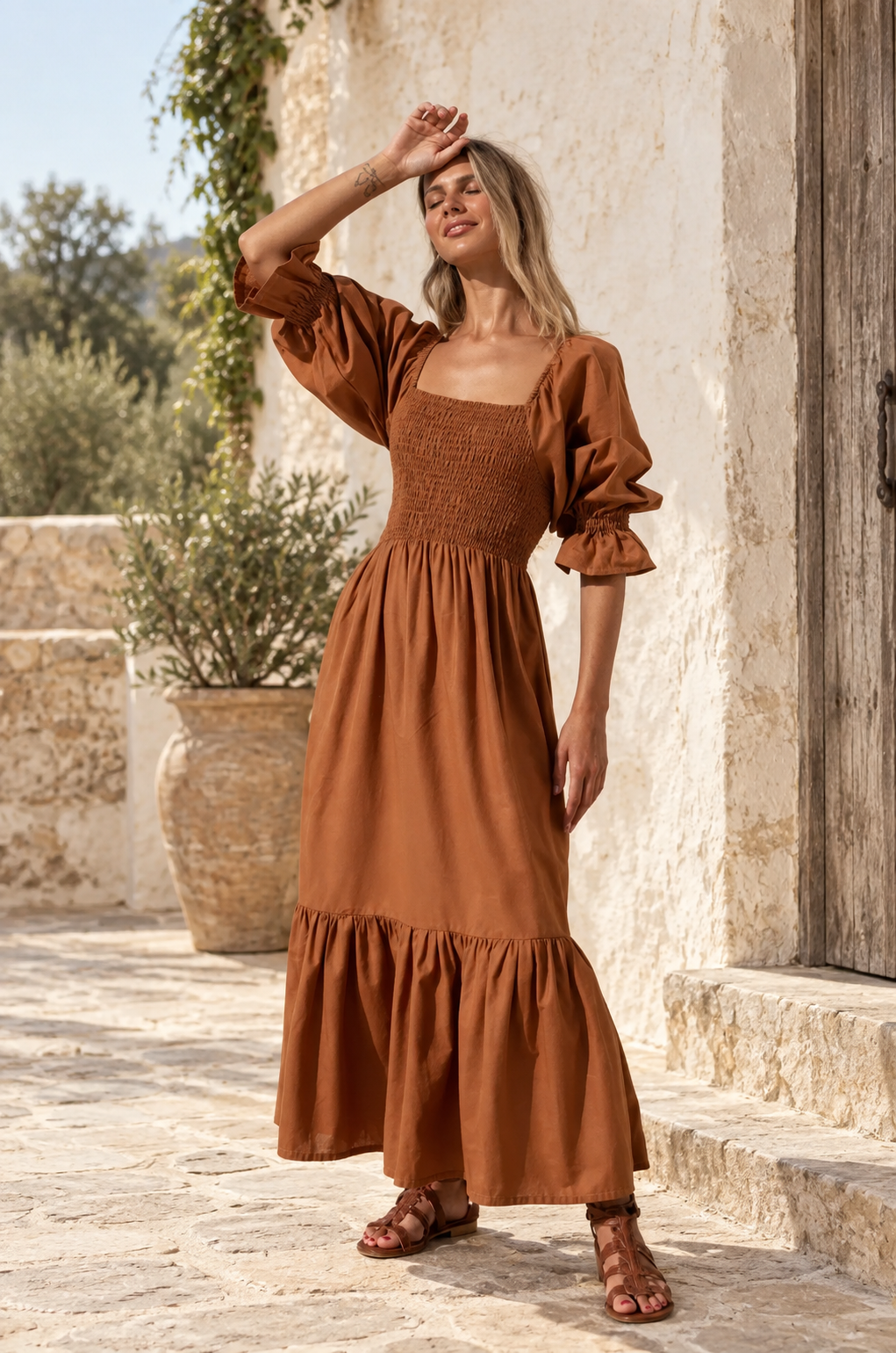 The Almeria Smocked Linen Midi Dress