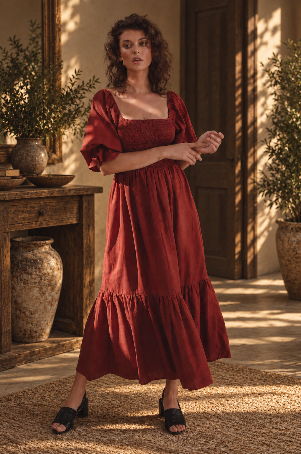 The Almeria Smocked Linen Midi Dress