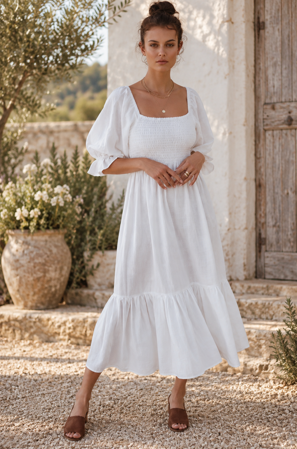 The Almeria Smocked Linen Midi Dress