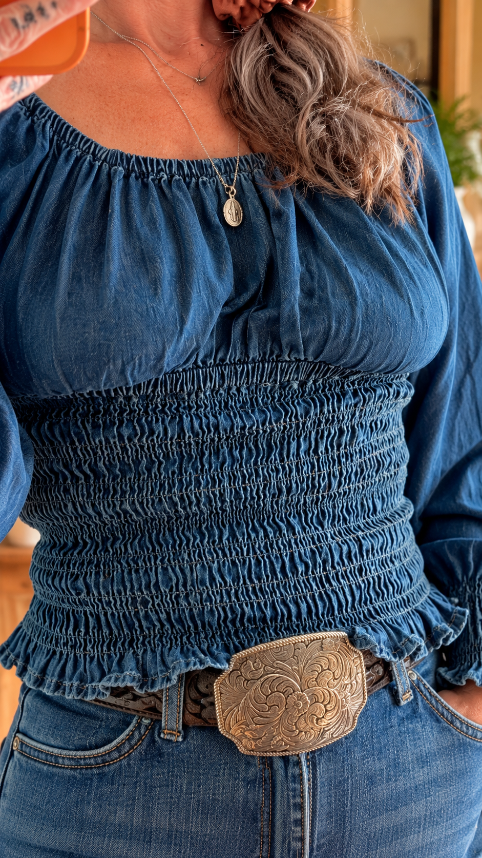Blue Hour Smocked Denim Blouse