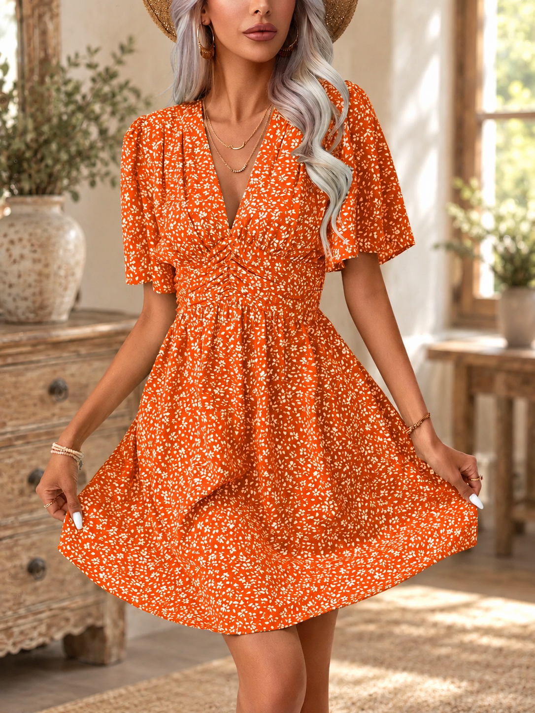 Meadow Lane Printed Flutter Sleeve Dress
