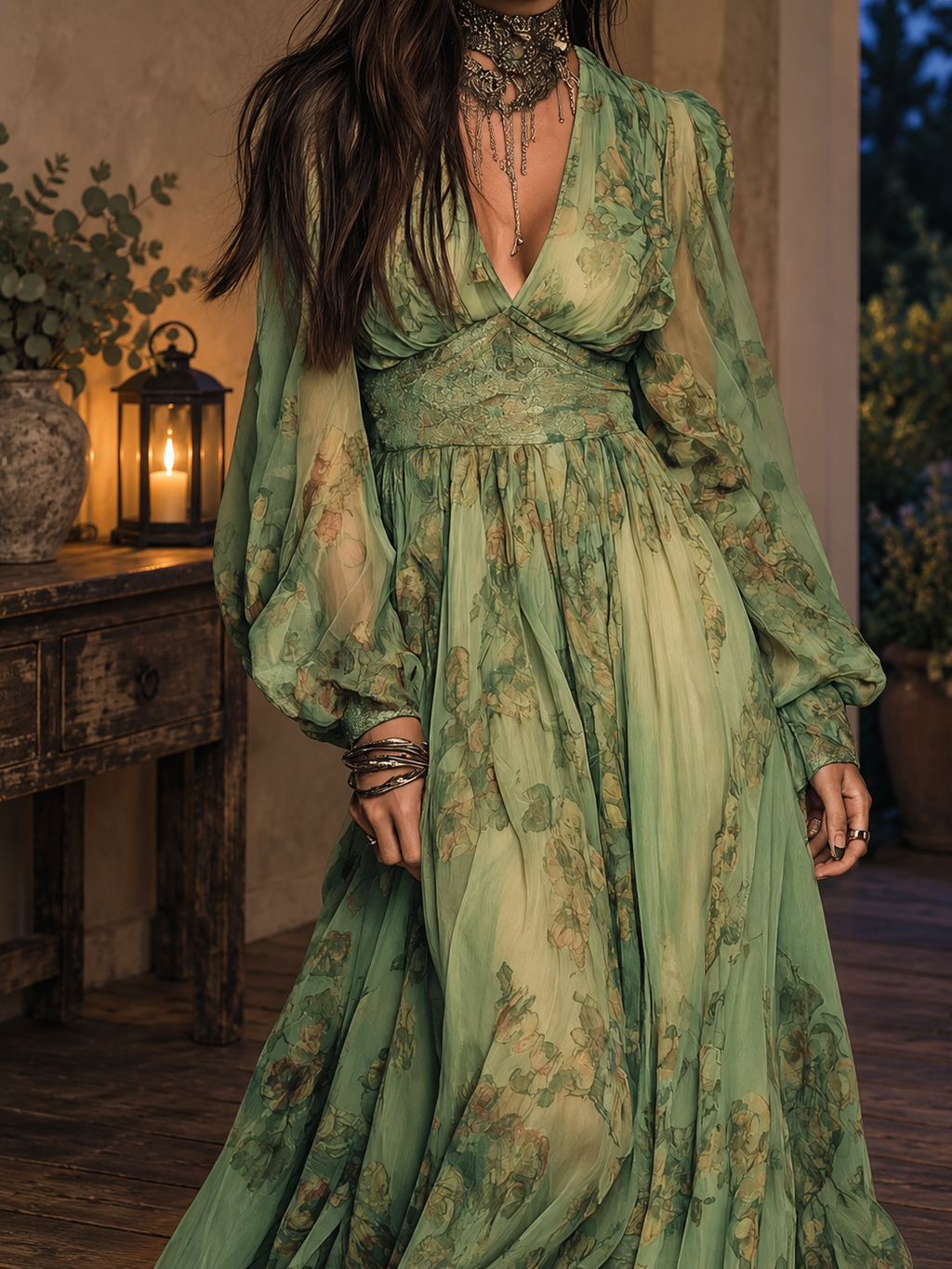 Moonlit Garden Moss Floral Maxi Dress