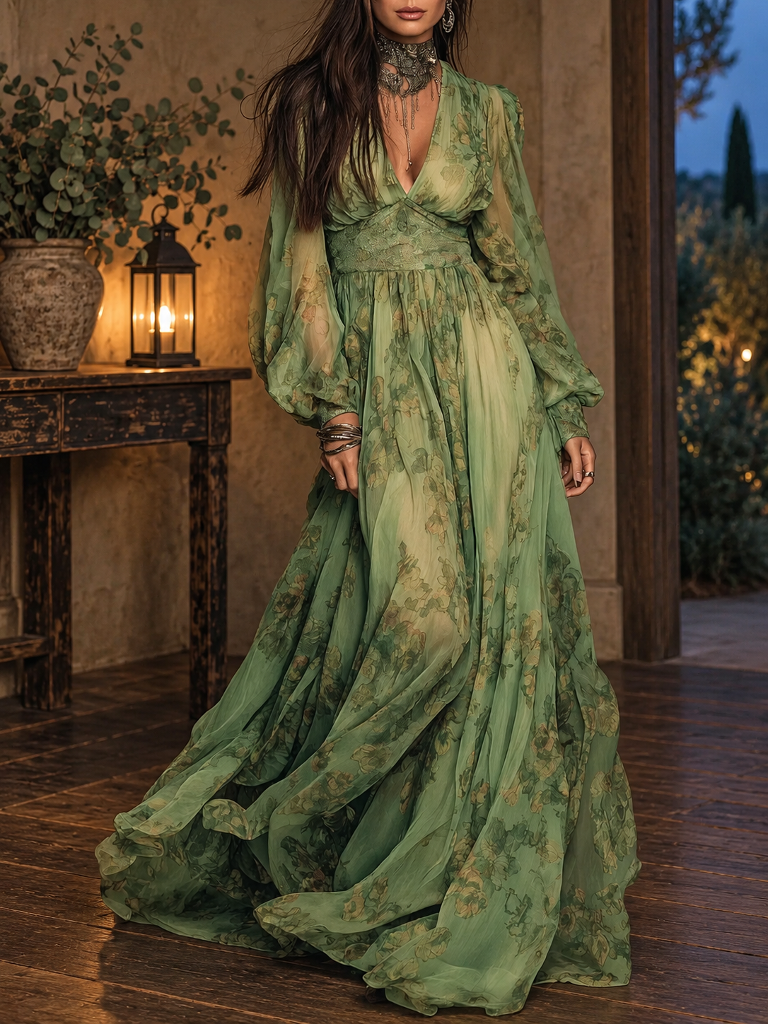 Moonlit Garden Moss Floral Maxi Dress