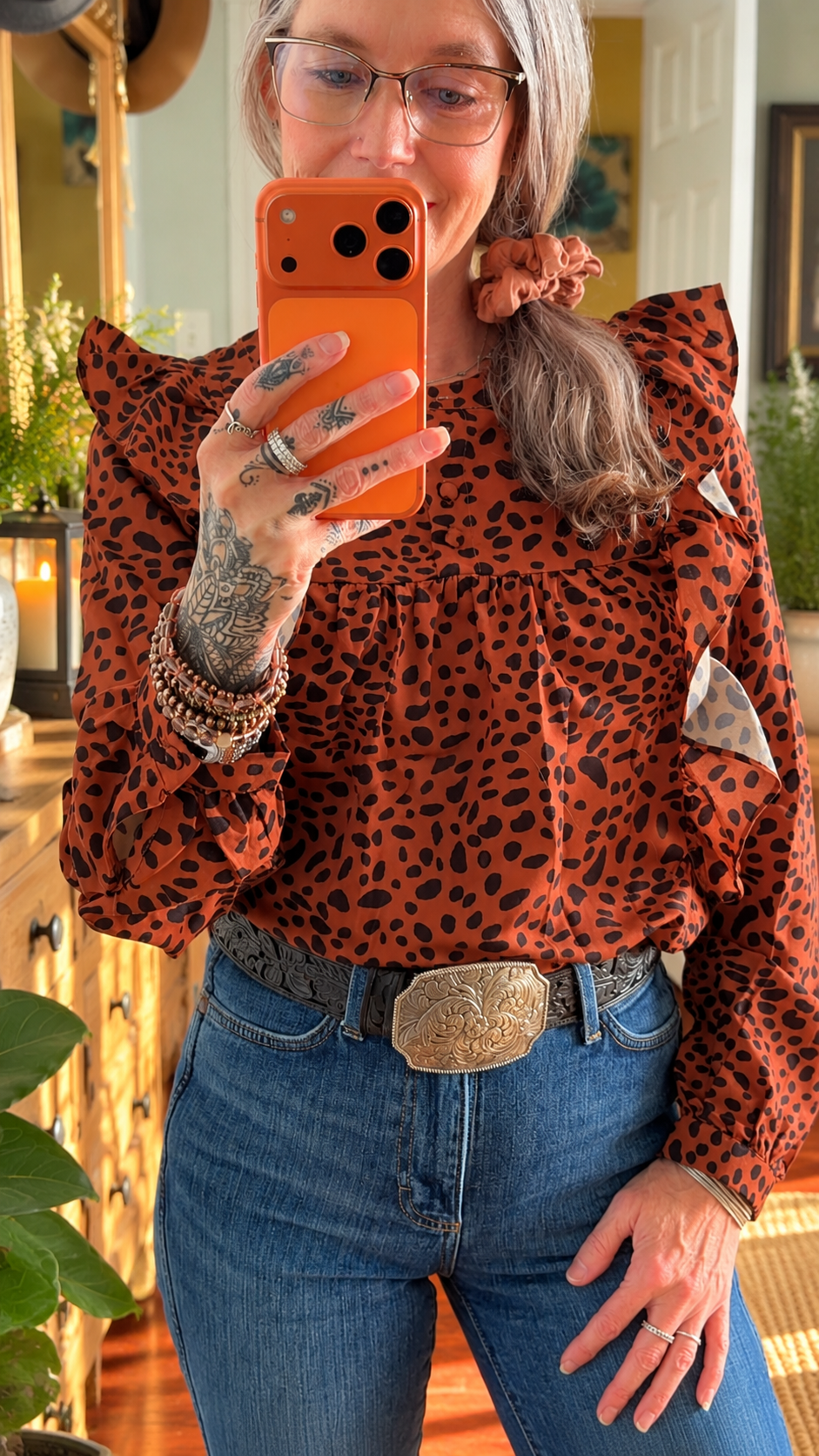 Wild Ember Leopard Ruffle Blouse
